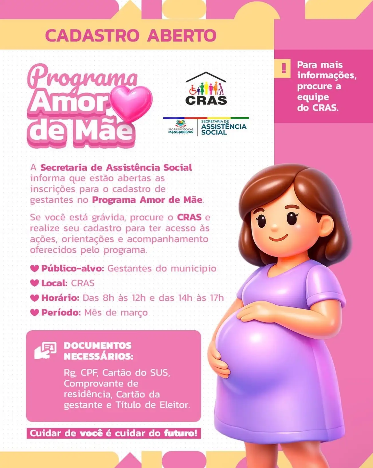 Secretaria de Assistência Social abre inscrições para o Programa Amor de Mãe em São Raimundo das Mangabeiras